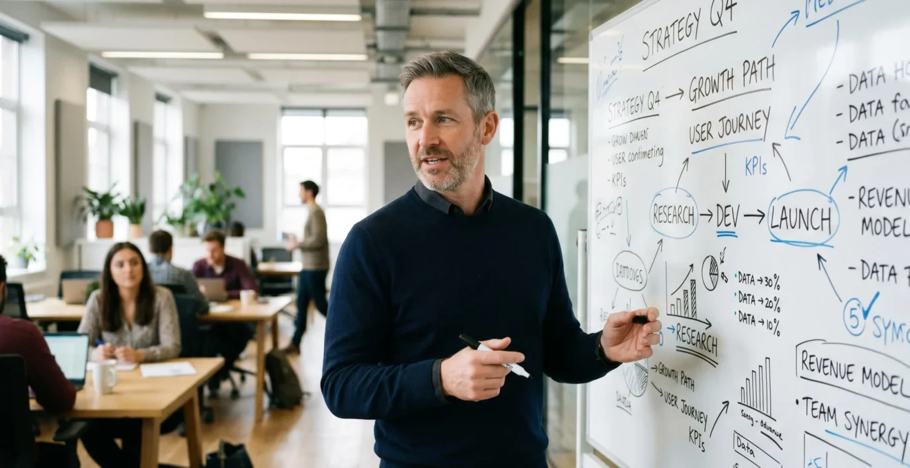 Dirigeant de PME debout devant un tableau blanc annotant des critères de choix pour ses ressources externes