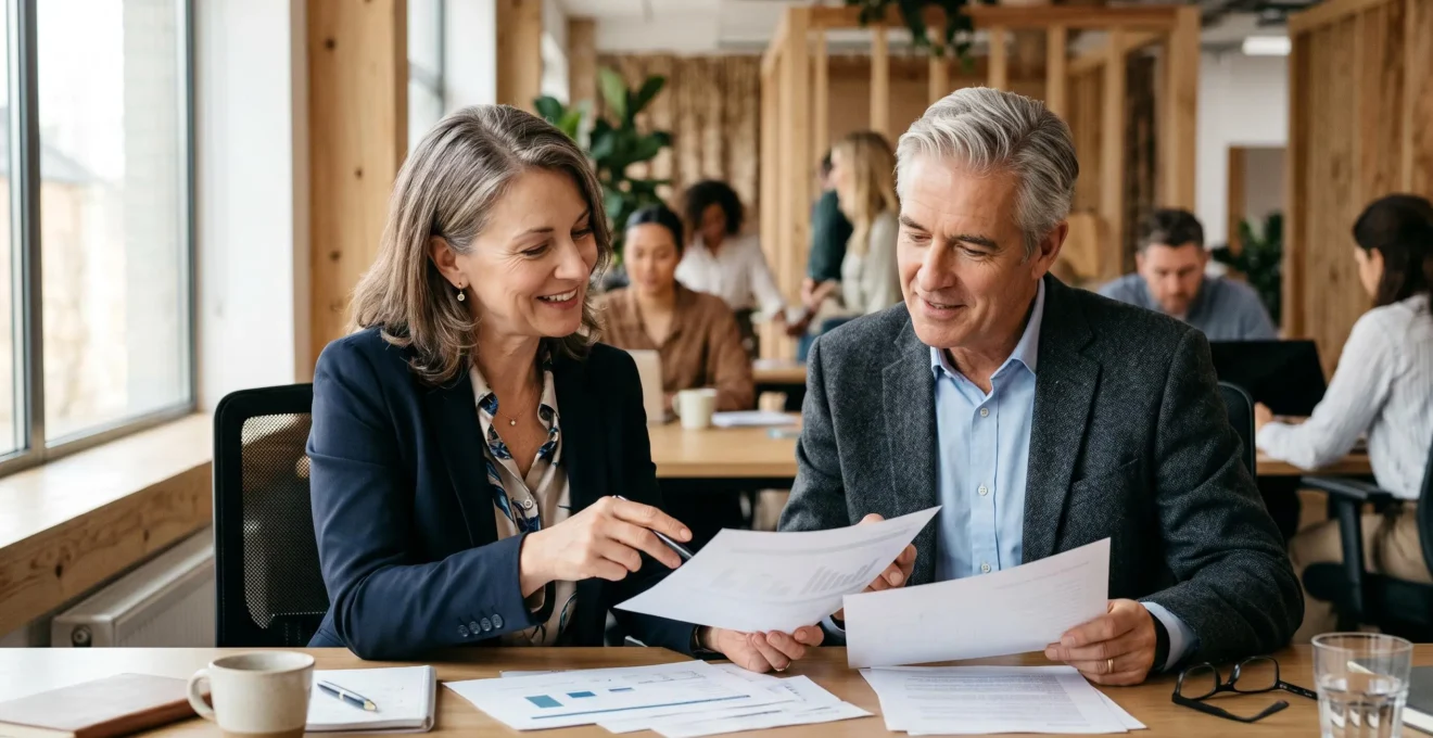 Responsable RH examinant un contrat de prestation avec un consultant senior dans un bureau ouvert