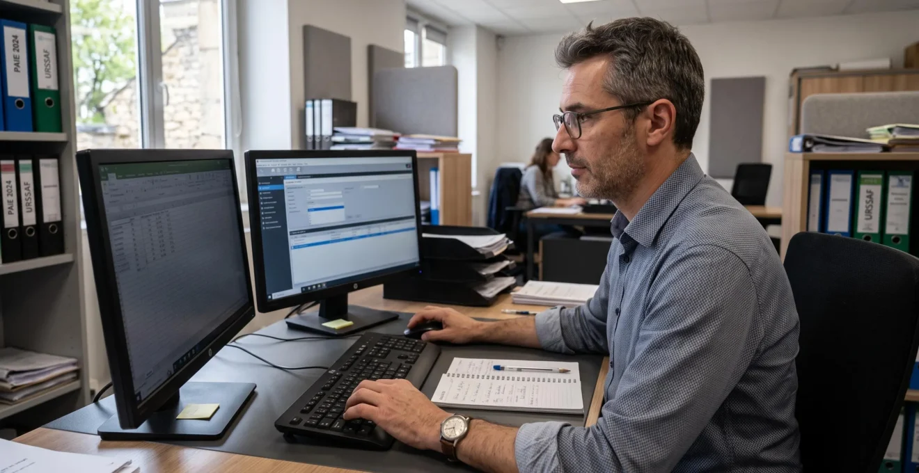 Un gestionnaire de paie ressaisit manuellement des données d'absences d'un écran à l'autre sur son double poste de travail.
