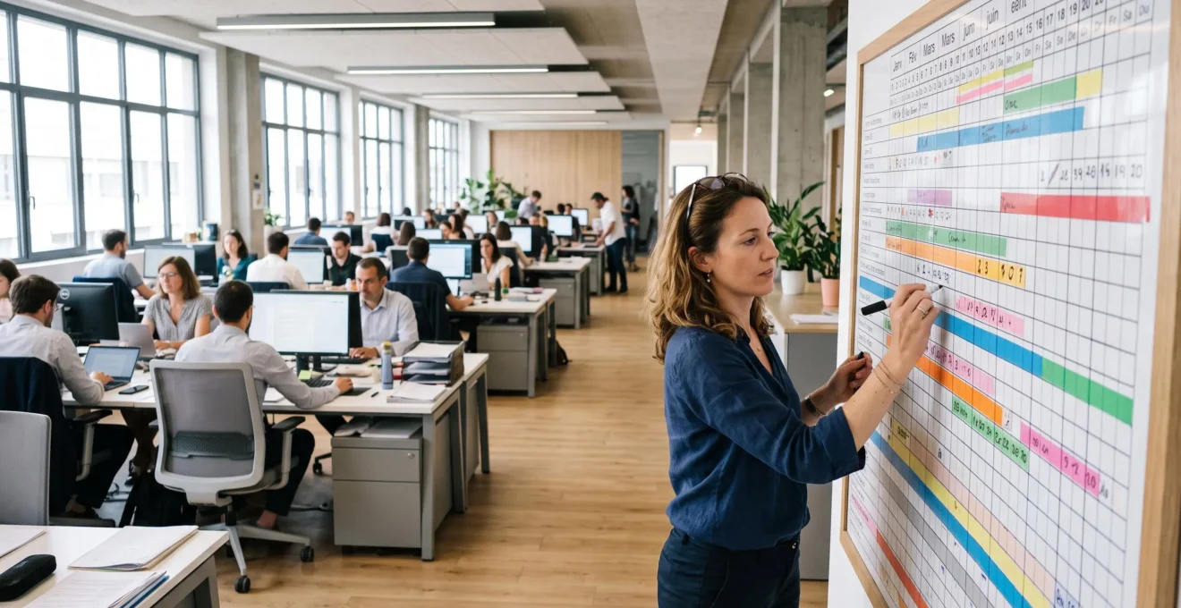 Une responsable RH met à jour un planning mural des congés dans un bureau open-space de PME, avec des collaborateurs travaillant en arrière-plan.