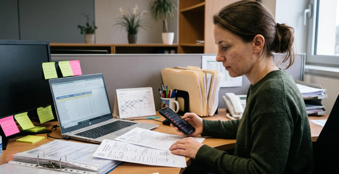 Une coordinatrice RH traite des demandes de congés papier à son bureau, un smartphone et un tableur imprimé de soldes à côté d'elle.