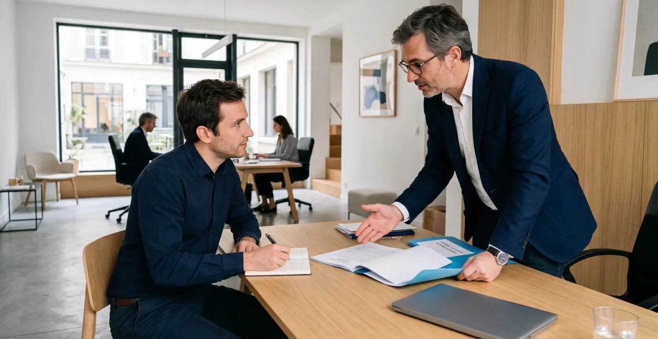 Conseiller juridique expliquant des documents de création d'entreprise à un entrepreneur dans un bureau professionnel moderne