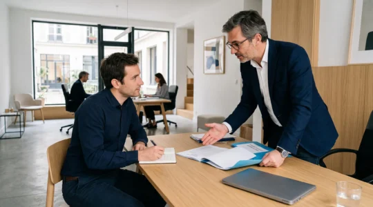 Conseiller juridique expliquant des documents de création d'entreprise à un entrepreneur dans un bureau professionnel moderne