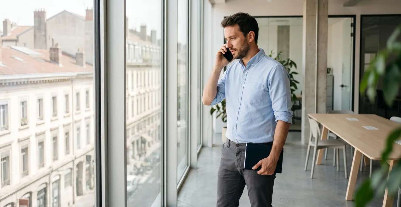Consultant juridique debout en communication téléphonique avec un client dans un espace de travail moderne