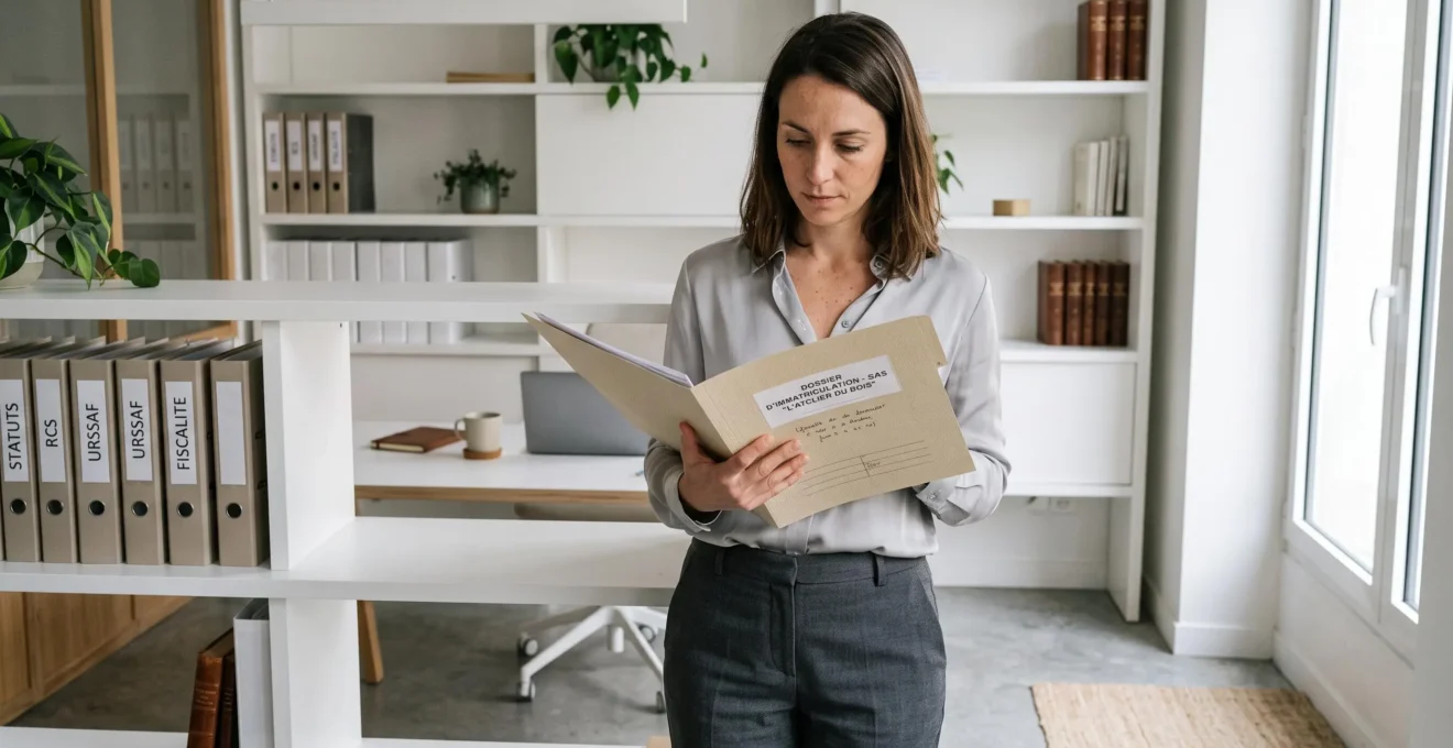 Experte juridique debout dans son bureau consultant un dossier de création d'entreprise