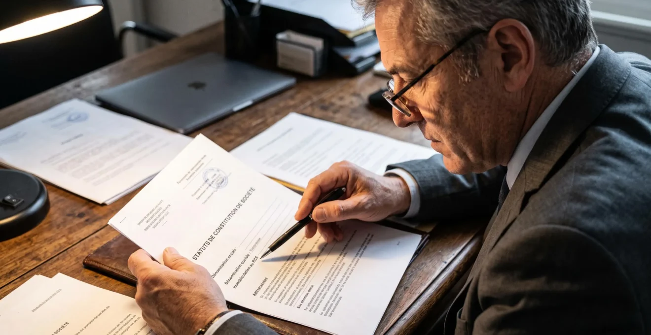 Professionnel senior vérifiant avec attention des documents d'immatriculation de SARL